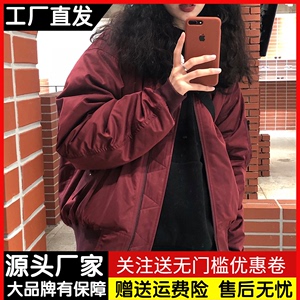 红色棉服外套女冬季复古bf宽松羽绒棒球服短款飞行员夹克加厚棉衣