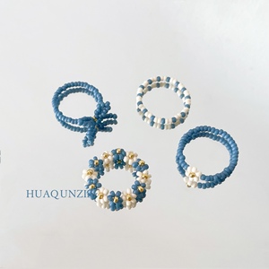 花裙子Zz手工制作蓝色磨砂米珠串珠碎花戒指小众个性配饰女
