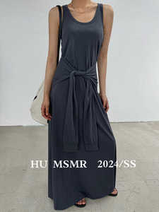 HUMSMR夏季新款韩版设计感小众无袖收腰绑带长款吊带背心连衣裙女