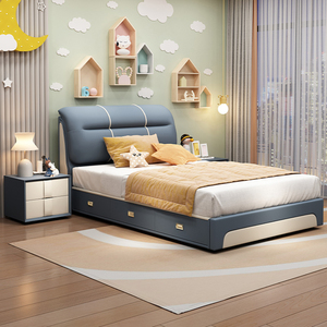 床儿童1.2小户型次卧室简约现代单人皮床1.35米北欧风软包储物床