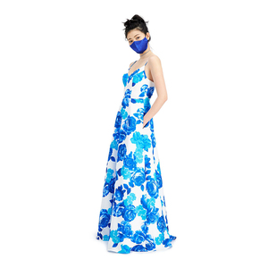 外贸原单 女装 蓝色印花 长款 礼服裙