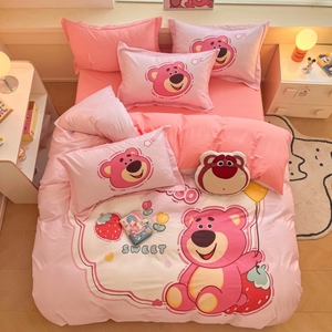 迪士尼卡通全棉床上四件套草莓熊床单被套三件套纯棉公主女孩床品