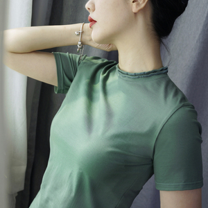 潮牌小半高领短袖T恤女修身百搭打底衫纯棉木耳花瓣绿色薄款上衣