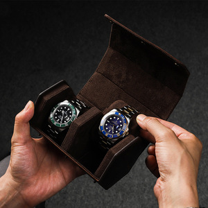 2022年新款复古疯马皮情侣手表盒手工制作六边形创意户外旅行二位手表收纳盒两只 两块真皮手表收纳包防摔