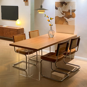 日式原木亚克力悬浮餐桌长方形北欧白蜡木纯实木书桌椅家用小户型