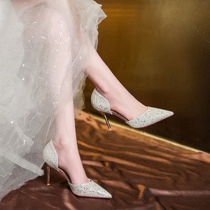 新款尖头细跟高跟鞋女亮片婚礼10CM浅口气质水晶鞋婚鞋伴娘鞋银色
