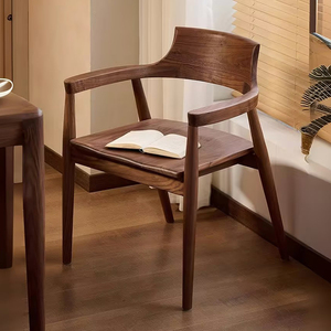 中式实木椅子广岛餐椅主人家用黑胡桃简约扶手靠背会议茶桌椅凳子