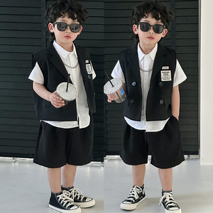 男童小西装套装夏季韩版婚礼花童礼服儿童黑色休闲马甲衬衫三件套