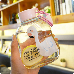 韩国火烈鸟玻璃杯创意便携水杯学生随手杯可爱提绳茶杯女扁平杯子