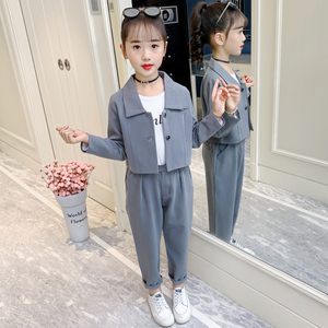 高档女童西装套装2022年秋季新款洋气韩版女孩子小西服两件套黑色