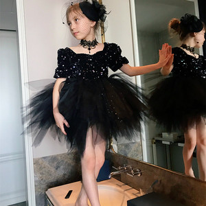 儿童黑色短款亮片礼服女童高端钢琴演出服装宝宝婚礼泡泡公主裙子