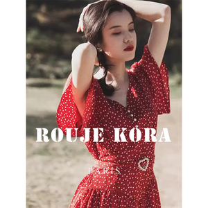 Rouje Kora欧洲站法式夏季新款复古红色波点珍珠扣V领雪纺连衣裙