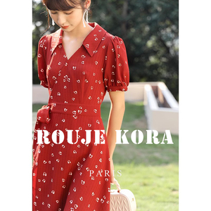 Rouje Kora法式夏季新款复古红色碎花衬衫裙中长收腰雪纺连衣裙女