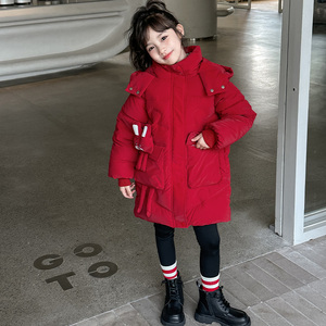 女童棉服冬季洋气小熊红色中长款儿童加厚韩系2023新款夹棉外套潮