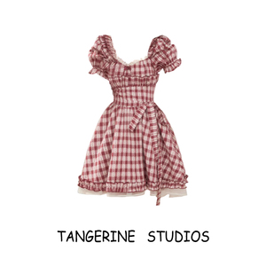 草莓格芙蕾/红色格子吊带裙法式少女感方领格子公主连衣裙蓬蓬裙