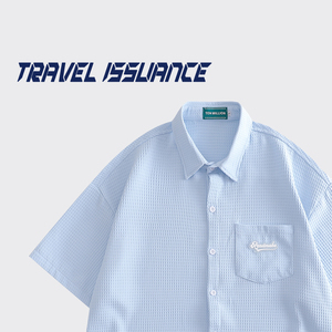 TRAVEL ISSUANCE 想去海边 美式复古蓝色华夫格宽松短袖衬衫男女