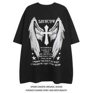 XPXME翅膀十字架印花短袖T恤男女潮牌暗黑风美式休闲宽松大码嘻哈