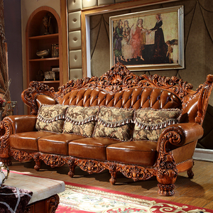 欧式别墅沙发大户型客厅U型高端实木雕花奢华大款真皮沙发124组合