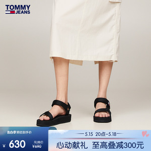 Tommy 24新款春夏女装经典旗标魔术贴调节厚底沙滩凉鞋礼品02466