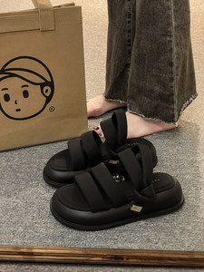厚底松糕拖鞋女夏季外穿2024新款小众设计高级感两穿黑色罗马凉鞋