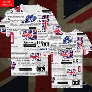 英国美国欧美元素报纸国旗速干短袖t恤衫男女冰丝感半袖休闲衣服