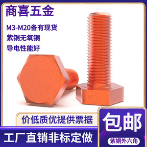 T2紫铜红铜外六角螺丝电解铜螺栓外六角螺丝M456810*1012162030