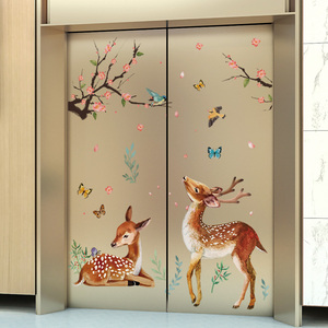 卡通动物电梯门贴纸自粘中国风墙纸自粘卧室门上墙面装饰墙壁贴画
