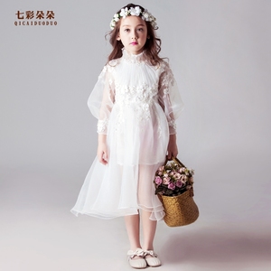七彩朵朵.长袖白色花童礼服女高端女童生日公主裙儿童钢琴演出服