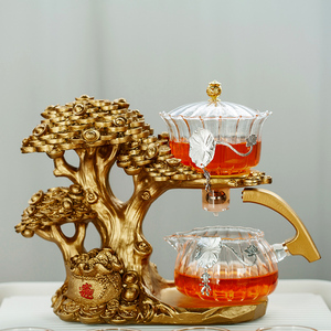 摇钱树玻璃自动茶具套装家用懒人泡茶器办公客厅高档创意茶壶耐热
