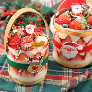 网红圣诞节透明手提桶蛋糕装饰圣诞老人麋鹿草莓奶油桶甜品打包盒