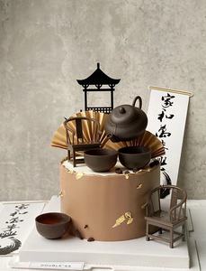 中国风蛋糕装饰 古风毛笔砚台屏风茶壶椅子老人祝寿蛋糕插件配件