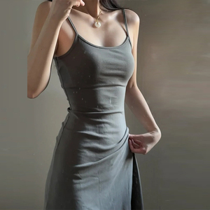法式灰色包臀吊带连衣裙子女装夏季2024新款修身显瘦气质背心长裙