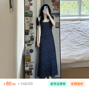 蕾丝花边蓝色波点连衣裙子女夏季2024新款法式气质泡泡袖收腰长裙