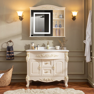 欧式浴室柜组合大理石洗漱台实木卫生间洗脸盆柜橡木卫浴柜智能镜