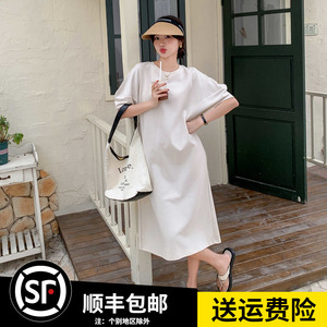 韩版bf慵懒风t恤裙中长款2024夏季新款小个子宽松显瘦直筒连衣裙