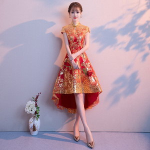 新娘敬酒服夏季短款红色中国风旗袍中式结婚衣服回门小晚礼服裙女