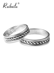 ruibeila925银复古花纹简约戒指男女细圈无名指情侣戒指（单个）