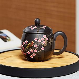 宜兴紫砂杯堆绘花鸟变色梅花盖杯个人专用石黄泡茶杯功夫茶具家用
