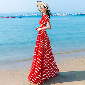 2024夏季流行雪纺裙子红色波点连衣裙女长款复古赫本风沙滩长裙潮
