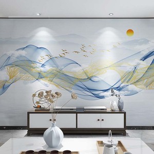 新中式飞鸟小船山水画8D壁纸抽象图案卧室墙纸金线飘带定制壁画布