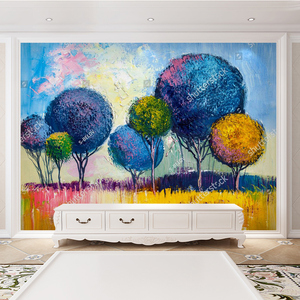 彩色油画树壁纸定制北欧壁画蓝色风景树艺术墙纸明亮电视背景墙布