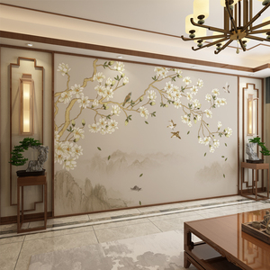 新中式手绘花鸟电视背景墙纸壁纸复古色梅花背景墙画定制壁画墙布