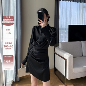 果哥家 黑色连衣裙2024年春装新款收腰显瘦气质女神范通勤衬衫裙