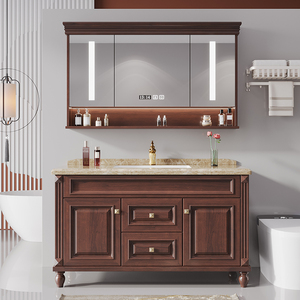 美式橡木浴室柜智能镜柜天然大理石台盆卫生间实木落地卫浴柜组合