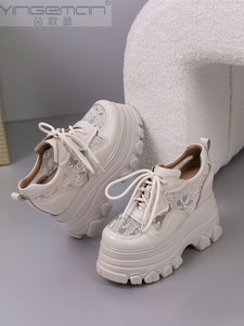 白色内增高女鞋春秋12cm超高跟真皮厚底小个子松糕休闲运动老爹鞋