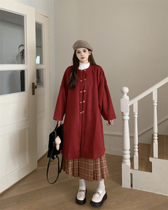 大码女装新中式红色毛昵大衣外套胖mm别致设计感格子半身裙两件套