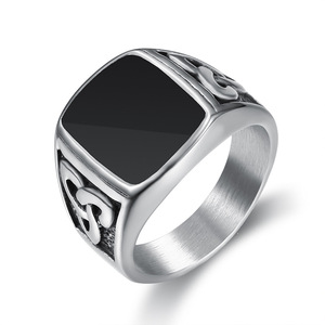 时尚钛钢戒指复古银黑玛瑙宝石方钻男士商务服饰配件活口指环可调
