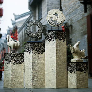 新中式家居玄关客厅浮雕展示柱装饰品庭院仿古落地祥云柱摆件底座