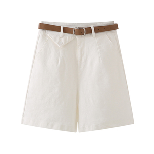 艾格休闲棉短裤女夏季2024新款小个子高腰a字白色西装腰带五分裤
