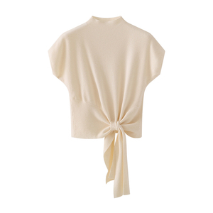 艾格ES半高领绑带针织衫短袖女2024新款小个子修身设计感显瘦毛衣